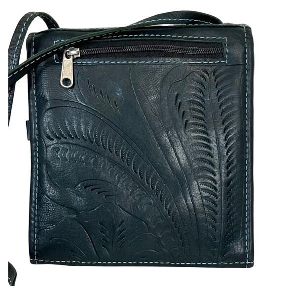 J.L. SALDIVAR Tooled Leather Purse Trifold Crossbody Boho Western Blue - Picture 6 of 11